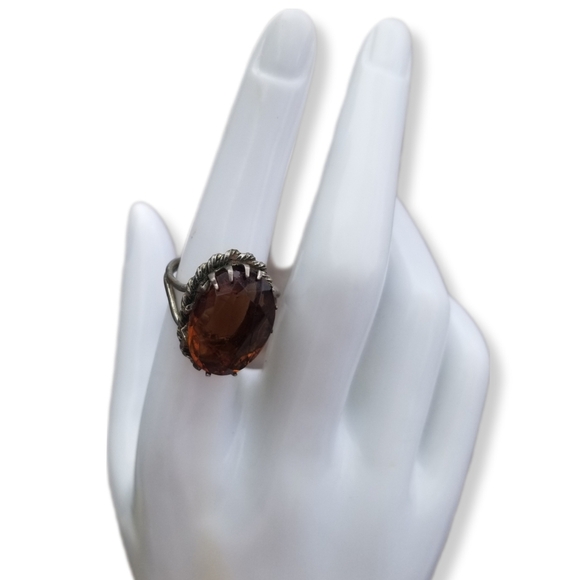 VINTAGE GERMAN ARTISAN MADE SILVERPLATED BRASS & AMBER COLOR GLASS STONE RING - Picture 1 of 5
